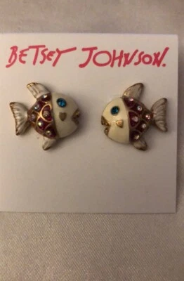 Aretes Betsey Johnson tono dorado y esmalte blanco peces detalles de cristal nuevos con etiquetas Foto 1 de 4
