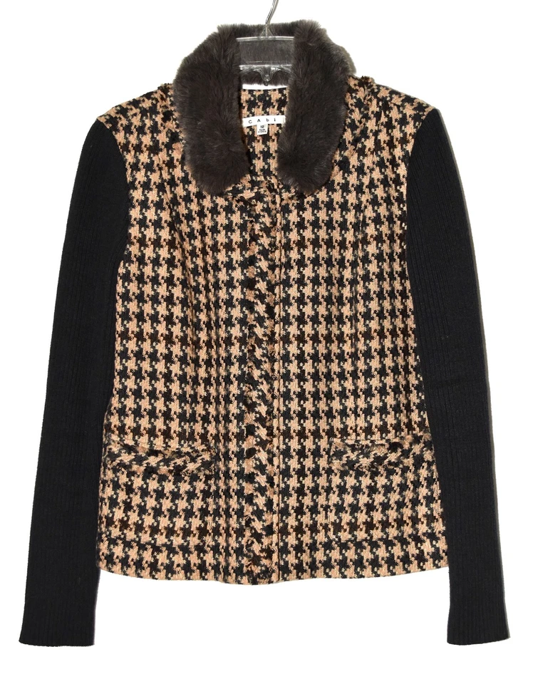CAbi Tan Black Check Removable Faux Fur Collar Fringe Trim Womens Jacket Size 12 - Image 1 of 4