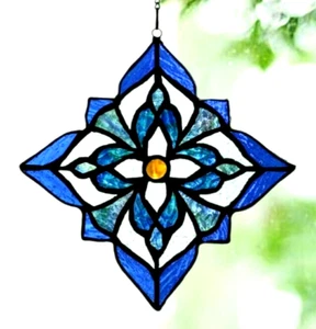 TRADITIONAL BLUE FLOWER Authentic Qld Australian Made Stained Glass SUNCATCHER - Picture 1 of 24