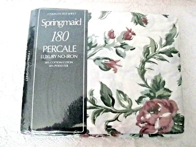 Vtg USA Springmaid Floral 180 Percale Luxury No Iron 50/50 Twin Fitted Sheet erc - Image 1 of 4