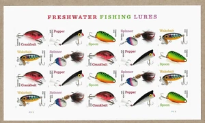 FRESHWATER FISHING LURES US #5961-5965 POPPER SPINNER SPOON FOREVER STAMP SHEET - Picture 1 of 4