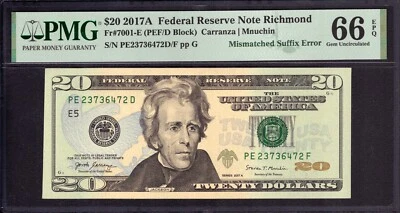 2017 A $20 FEDERAL RESERVE NOTE RICHMOND MISMATCHED SUFFIX ERROR PMG GEM 67 EPQ - Image 1 of 4