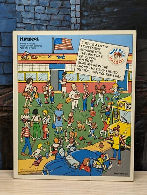 Rompecabezas de madera Playskool Where’s Waldo primer día de clases de colección 1991 divertido aprendizaje Foto 1 de 4