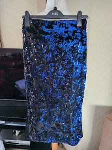 BLACK VELVET BLUE SEQUIN PENCIL SKIRT M&S SIZE 8P - Picture 1 of 2