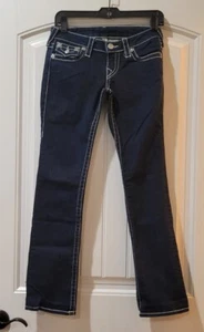 True Religion World Tour Dark Denim White Stitch Straight W/Flaps Jeans 26 - Picture 1 of 6