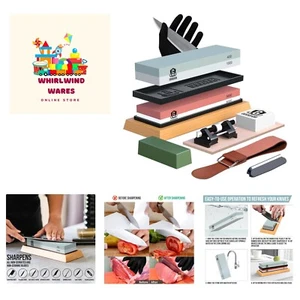 Complete Knife Sharpening Stone Kit with Cut-Resistant Gloves and Bamboo Base - Picture 1 of 8