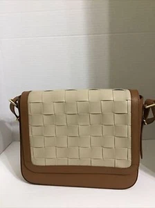 Italian Leather Woven Handbag Valentina Fiore -Made In Italy -Brown / Tan - Picture 1 of 11