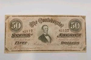 $50 1864 T-66 Confederate States Of America - CIVIL WAR ISSUE - Picture 1 of 9