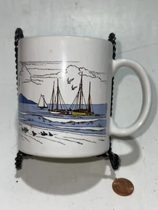 Vintage Coffee Cup Mug Sail Boat Nautical Seashore Sailing Scene - Picture 1 of 4
