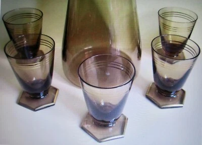 CARAFE & VERRES PORTO APERITIF RHUM DIGESTIF VINTAGE VERRE FUME FILETS OR - Photo 1/3