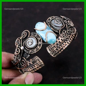 Oval Larimar Stone Rainbow Moonstone Copper Trendy Wire Wrapped Bangle Bracelet - Picture 1 of 6