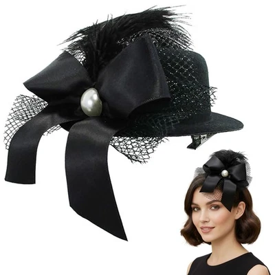Mini Sombrero Clip de Pelo Lazo Pluma Perla Bailarinas Burlesque Showgirl Fascinador Foto 1 de 4