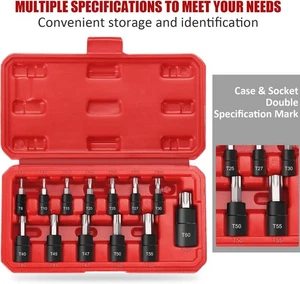 13-Piece Torx Bit Socket Set, 1/4”, 3/8” and 1/2” Drive T8-T60 Star Socket Set,  - Picture 1 of 8
