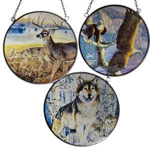 Vintage Wildlife Kunst Glas Sonnenfänger 3 Stück - Al Agnew Wölfe, Böcke, Adler - Bild 1 von 18