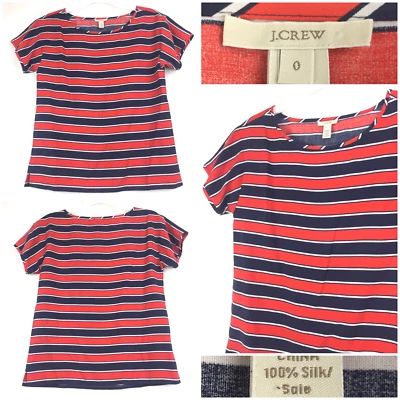 J. Camiseta de seda ligera Crew para mujer talla 0 (34 en busto) roja blanca azul a rayas Foto 1 de 4