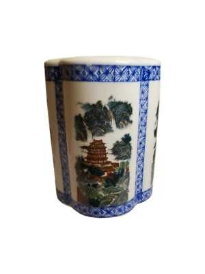 Vintage PROC Porcelain Blue And White Brush Pot Pagodas Red Stamp   - Image 1 of 4