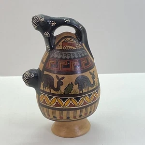 Vintage Cusco Peru Art Pottery Chicha Jaguar Llamas Jug Pitcher HandPainted 7.5” - Picture 1 of 11