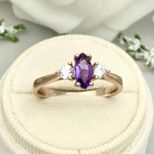 0.64 Ct Amethyst & White Topaz Promise Prong Ring 925 Solid Rose Gold - Picture 1 of 6