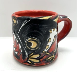 Karin Kraemer Mug Red Earthenware Majolica Glaze Hand Decorated - Angler Fish - Picture 1 of 11