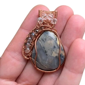 Picasso Jasper Copper Bday Gift Wire Wrap Pendant Clear & Smoky Quartz Jewelry - Picture 1 of 7