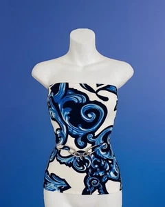 Vintage Y2K~CACHE Knit Tube Top Sz M Blue Silver Chain Accent Stretch Strapless - Picture 1 of 9
