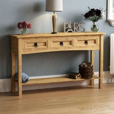 Corona 3 Drawer Console Table With Shelf Mexican Solid Waxed Pine End Hallway - Image 1 of 4