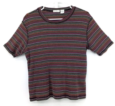 White Stag Shirt Women Large Black Multicolor Striped Metallic Thread Ribbed Top - Image 1 of 4