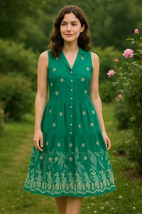 Maeve Dress XS P Green Sleeveless Embroidered Tunic Linen Floral Boho Summer - Picture 1 of 9