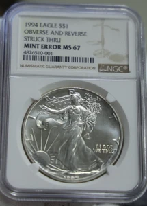 Mint Error 1994 US Silver Eagle $1 Obv & Rev Struck NGC MS67 - Picture 1 of 2