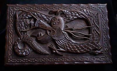 Mahogany Antique China Handcarved Art Dragon Wood Large Box Raised Hollow Relief - Image 1 of 4
