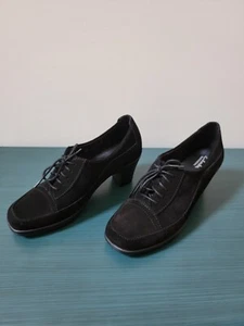 Clarks Bendables Shoes Women 7.5 M Oxford Black Suede Block Heels Lace Up - Picture 1 of 14