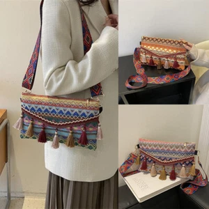 Women's Crossbody Bag Ethnic Style Tassel Decor Diagonal Woven Shoulder Bag - Picture 1 of 18