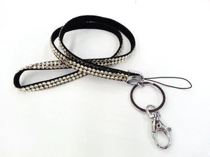 Fashion Clear Rhinestone Bling Custom Black Ribbon Lanyard ID Badge & Key Chain - Picture 1 of 2