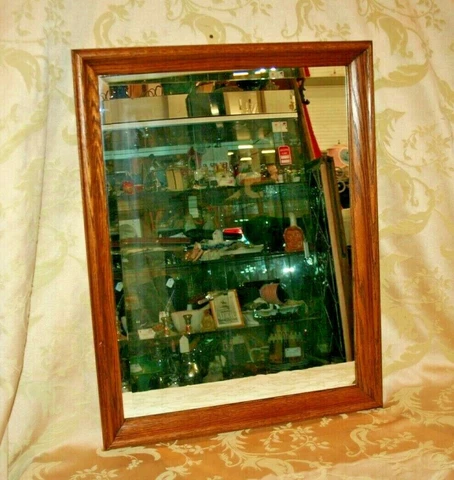 Vintage Style 27x21" Oak Framed Hanging Wall Mirror w/ Uneven Beveled Glass Cover