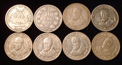 Nicaragua 10 centavos 8 coin lot 1880, 1887, 1914, 27,  28, 30, 35, 1936 Cover