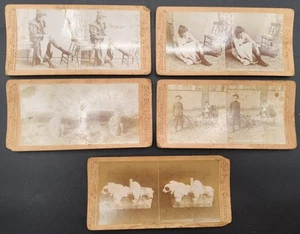 5 Antique Stereoscope Cards: Girls, Boys, Children, Dogs Puppies - Picture 1 of 7
