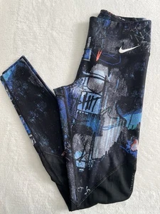 Nike Dri-Fit Womens Sporty Activewear Black/Blue Graffiti Cropped Leggings Sz XS - Picture 1 of 17