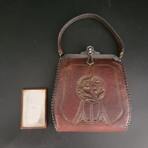 Vintage Antique Art Nouveau Floral Flower Tooled Brown Leather Purse JEMCO - Picture 1 of 11