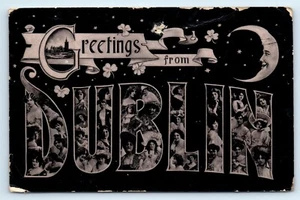 POSTCARD DUBLIN GREETINGS LARGE LETTER ACTRESSES - COMIC MOON IN NIGHTCAP - 1907 - Picture 1 of 3