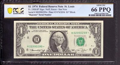 1974 $1 FEDERAL RESERVE STAR NOTE ST. LOUIS REPEATER SERIAL NUMBER PCGS 66 PPQ - Image 1 of 3