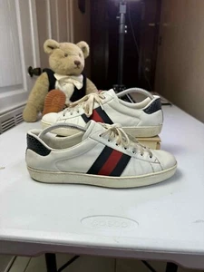 Gucci Ace White Leather Lace up Sneaker, Blue/Red Stripe, Men's Size 9 UK 10 US - Picture 1 of 12