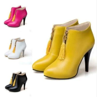 Botas al tobillo con borlas y cremallera tacón alto de cuero punta puntiaguda zapatos damas talla Foto 1 de 4