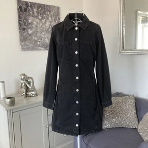Black Denim Collared Long Sleeve Buttoned Multi Pocketed Mini Dress S 8-10 - Picture 1 of 11