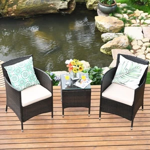 3PCS Rattan Wicker Table Chair Set PE Outdoor Sofa Couch Brown w/ Cushion - Picture 1 of 6