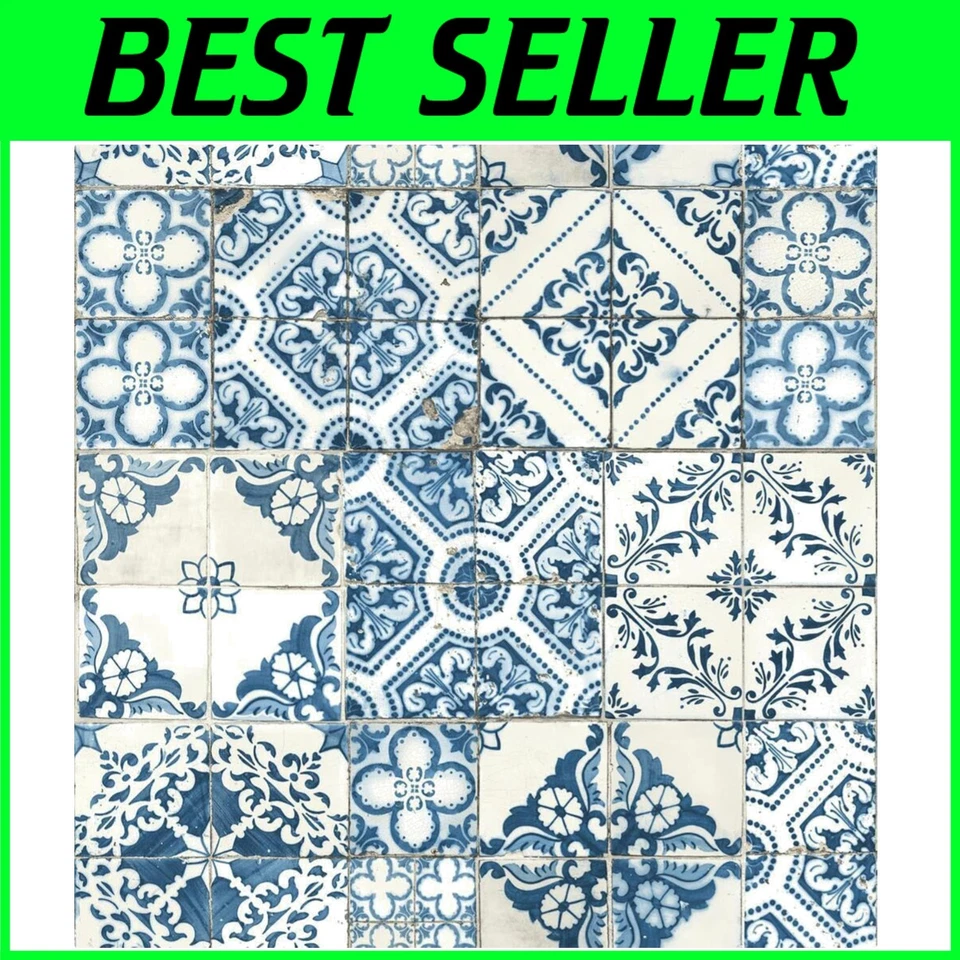 Papel Pintado Azulejo Mediterráneo Azul Autoadhesivo - 20.5" x 16.5' - Elegante y Fácil Foto 1 de 4