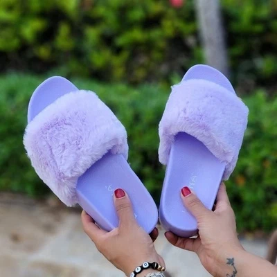 Sandalias de cuña con plataforma peluda violeta para mujer (talla 10) Foto 1 de 4