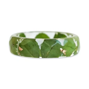 Clover Resin Ring, Real Pressed Green Leaves and Metal Flakes, St. Patrick's Day - Picture 1 of 8