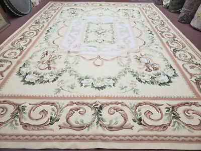 Elegant Aubusson Rug 10 x 14 Cream and Ivory Floral Wool Carpet Instruments New - Image 1 of 4