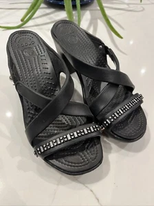 CROCS Cyprus Sz 8 Faux Diamonds Rhinestones Black High Heels Slides SANDALS EUC - Picture 1 of 7