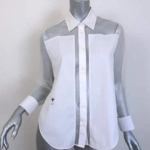 Christian Dior Cotton-Paneled Organza Blouse White Size 36 Button-Up Shirt NEW - Picture 1 of 6